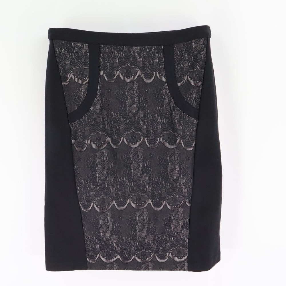 Halogen Straight Skirt Lace Accents Womens Size 8P Black Floral Faux Pockets